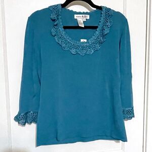 SARA & LILY WOMEN'S XL TOP TEAL BLUE Knit PULLOVER SWEATER 3/4 SLEEVES NWT